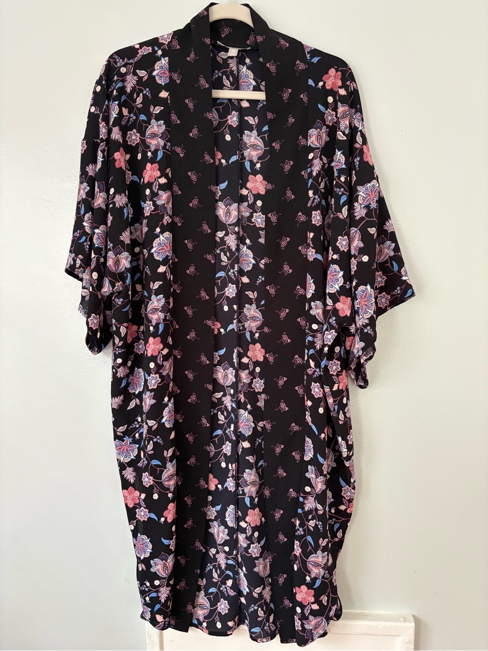 Nordstrom Black Floral Kimono Cardigan Duster with Pink and Blue Accents